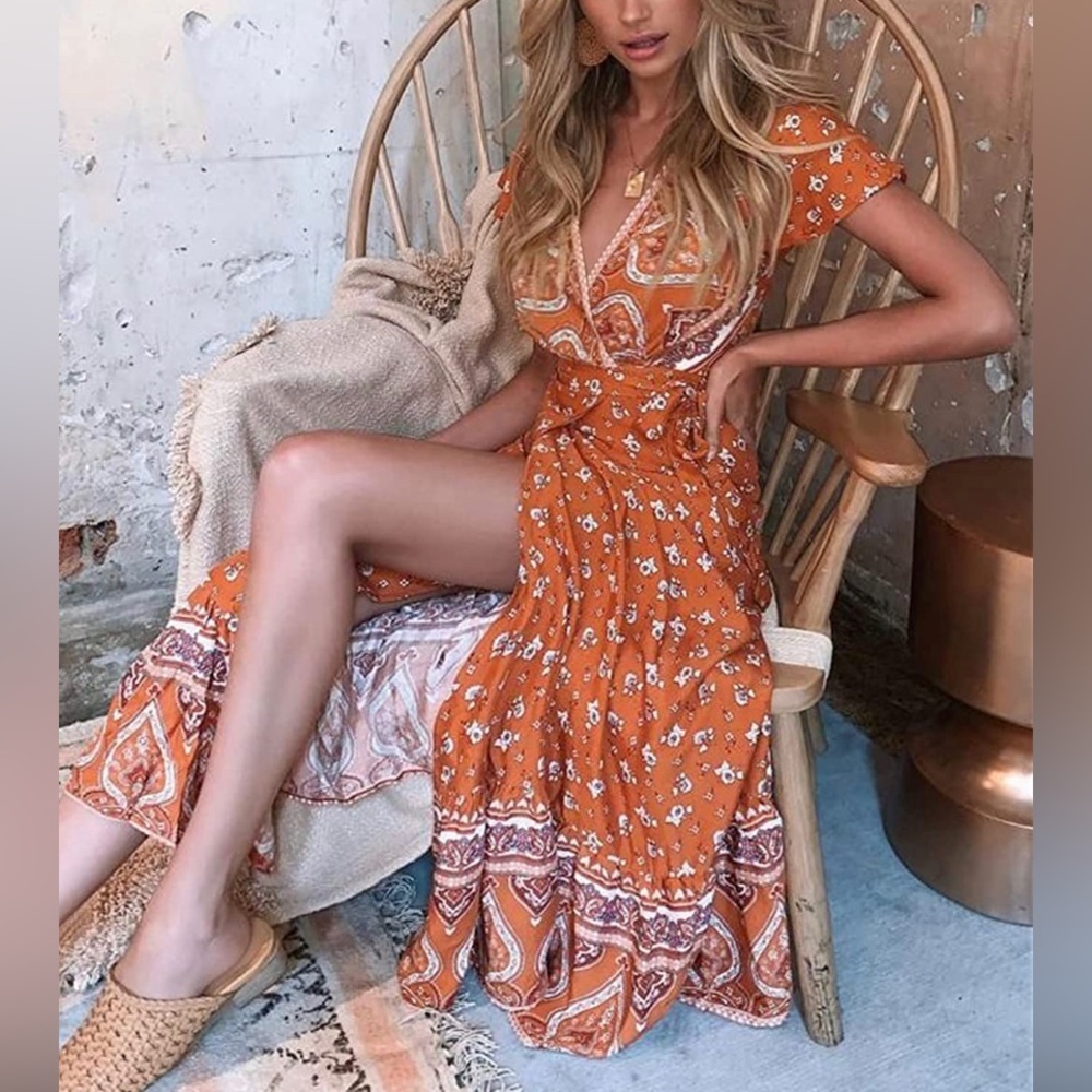 Zesica Small Maxi Wrap Dress Floral V-Neck Flutter Sleeve Tiered Hemline Boho